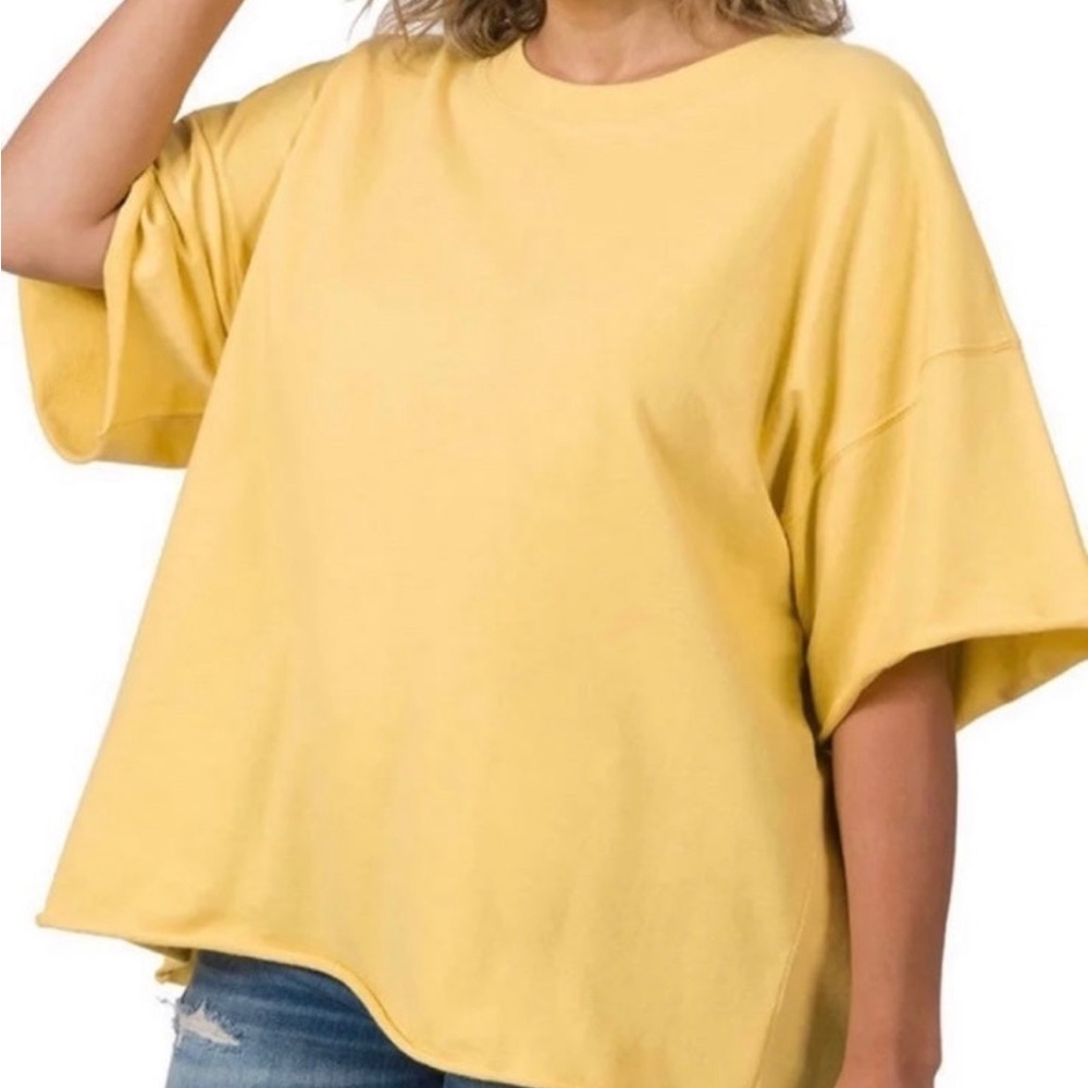 ZENANA 
Oversized Raw Edge Drop Shoulder Top
